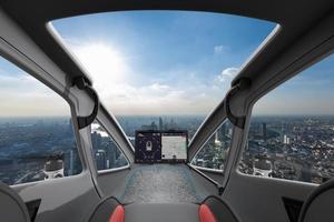 Autonomous driverless aerial vehicle flying on city background, Future transportation with 5G technology concept photo