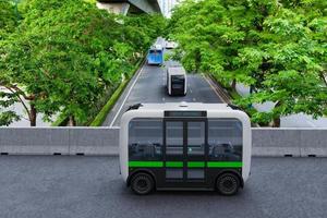 Autonomous electric shuttle bus self driving across city green road, Smart vehicle concept photo
