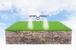 Agriculture drone water spraying on grass field, 3d render photo