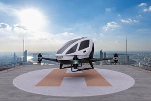 Autonomous driverless aerial vehicle takeoff on building rooftop, 3d render photo