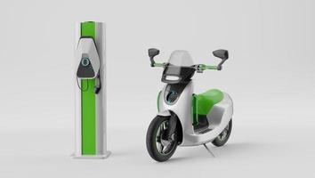 An electric motorbike with charging station, 3d render photo