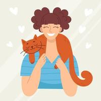 mujer joven sonriente con un gato, mascota. amor y amistad con los animales. clínica veterinaria. ilustración vectorial en estilo de dibujos animados vector
