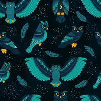 Seamless pattern with blue with blue owls, wild birds. Print for textiles and packaging. Vector cartoon illustration.