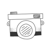 Doodle photo camera icon. Vector outline illustration. Hand drawn clipart isolated on a white background.