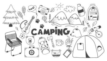 Doodle set with hiking elements. Vector hand drawn cliparts with adventure, camping and touristic equipment. Outline vector illustration.