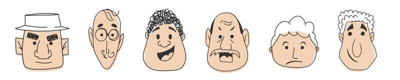 conjunto de garabatos de hombres faciales con diferentes emociones. cliparts vectoriales dibujados a mano aislados en fondo blanco. vector