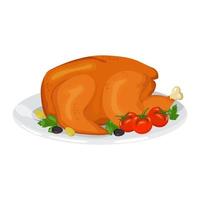 Cartoon grilled chicken or Thanksgiving turkey on a platter with tomatoes, olives and parsley. Vector illustration isolated on a white background. A clipart for a grill restaurant menu, apps or games.