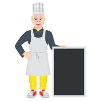 A cartoon cheerful male chef holds a black wooden board. Smiling old chef, highlighted on a white background. Vector illustration for menus, games or banners.