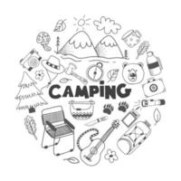 Doodle set with hiking elements arranged in a circle. Vector hand drawn cliparts with adventure, camping and touristic equipment. Outline vector illustration.