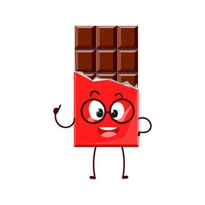 Cute cartoon chocolate bar in the role of a scientist. Vector character isolated on a white background for a mascot, books, postcards and much more.