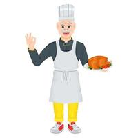 A cartoon cheerful male chef holds a grilled chicken. Smiling old chef, highlighted on a white background. Vector illustration for menus, games or banners.