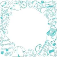A set of doodles with elements of hiking, arranged in a circular frame. Vector hand-drawn cliparts with adventure, camping and hiking gear. Contour vector illustration.