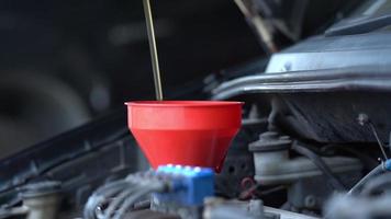 verter aceite sintético nuevo y limpio en el motor del automóvil. video