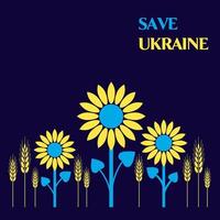 Illustration with sunflowers and wheat with the inscription Save Ukraine. vector