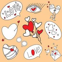 Me encantan los elementos de garabatos. lindo conjunto de iconos dibujados a mano con corazón, champán, bolas de flores, carta, inscripciones amor, ojo, caja de regalo. ilustración vectorial vector