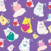 un conjunto de gatos de dibujos animados con corazones, un patrón excelente para tela, postales, papel de embalaje vector