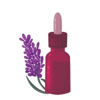 brown glass bottle with pipette with essential oil with lavender flower, aromatherapy, vector illustration