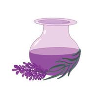 bottle with airy oil and lavender flowers, aromatherapy, massage, spa body care, vector