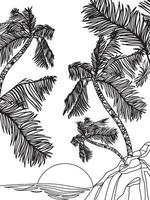 sunny beach with palm trees and ocean, seaside vacation, travel illustration coloring book