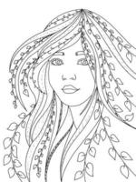 magical princess elf with long hair in foliage and branches coloring book for children and adults