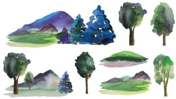mountains and forest watercolor drawing, abstract natural background