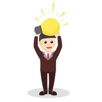 businessman hold up a bulb lamp design character on white background vector