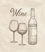 Drink wine set. Cafe bar menu banner. Wineglass, bottle, lettering. Wine-card background vector