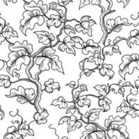 Floral seamless pattern. Branch with leaves ornamental line art drawing texture. Flourish nature summer garden textured background vector