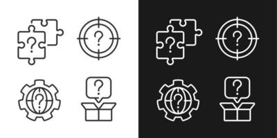 Searching of new problem solutions linear icons set for dark, light mode. Question marks usage. Alternative answers. Thin line symbols for night, day theme. Isolated illustrations. Editable stroke vector