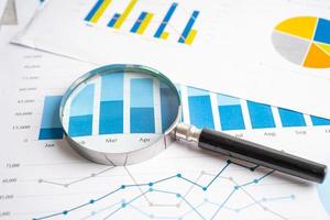 Magnifying glass on charts graphs paper. Financial development, Banking Account, Statistics, Investment Analytic research data economy, Stock exchange trading, Business office company meeting concept. photo