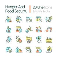 Hunger and food security RGB color icons set. Nutrition availability and access. Isolated vector illustrations. Simple filled line drawings collection. Editable stroke.