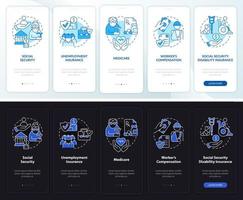 Federal social insurance night and day mode onboarding mobile app screen. Walkthrough 5 steps graphic instructions pages with linear concepts. UI, UX, GUI template. vector