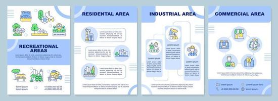 tipos de plantilla de folleto azul de uso de la tierra. residencial e industrial. diseño de folletos con iconos lineales. 4 diseños vectoriales para presentación, informes anuales. vector