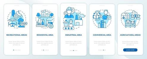 Different uses of land categories blue onboarding mobile app screen. Walkthrough 5 steps graphic instructions pages with linear concepts. UI, UX, GUI template. vector