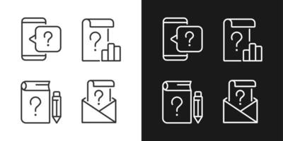 Questions in business and education linear icons set for dark, light mode. Information support service. Thin line symbols for night, day theme. Isolated illustrations. Editable stroke vector