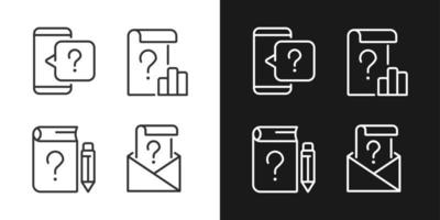 Questions in business and education linear icons set for dark, light mode. Information support service. Thin line symbols for night, day theme. Isolated illustrations. Editable stroke vector