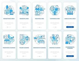 conjunto de pantalla de aplicación móvil de incorporación azul de gestión sostenible de la tierra. tutorial 5 pasos páginas de instrucciones gráficas con conceptos lineales. interfaz de usuario, ux, plantilla de interfaz gráfica de usuario. vector