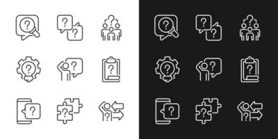 Solving different equations linear icons set for dark, light mode. Looking for answers and information support. Thin line symbols for night, day theme. Isolated illustrations. Editable stroke vector