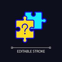 Unsolved puzzle RGB color icon for dark theme. Jigsaw pieces and question mark. Difficult task. Connection issues. Simple filled line drawing on night mode background. Editable stroke. vector