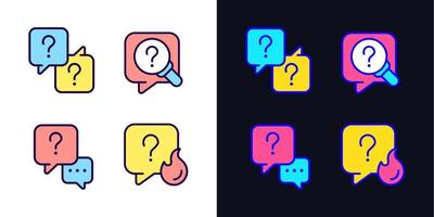 Question marks and speech bubbles light and dark theme color icons set. Answers and information. Support service. Simple filled line drawings. Bright cliparts on white and black. Editable stroke vector