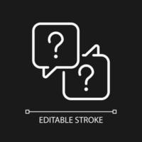 Misunderstanding white linear icon for dark theme. Communication issues. Speech balloons with question marks. Thin line illustration. Isolated symbol for night mode. Editable stroke. vector