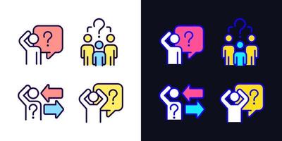 Asking and answering questions light and dark theme color icons set. Sharing information. Social communication. Simple filled line drawings. Bright cliparts on white and black. Editable stroke vector