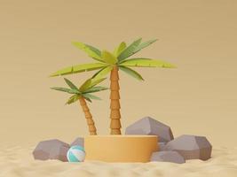 Representación 3d del podio de visualización mínimo abstracto para mostrar productos o presentación cosmética con escena de playa de verano. Hora de verano. foto