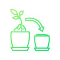 Plant repotting gradient linear vector icon. Replant in bigger pot. Seasonal transplantation. Growing seedle. Thin line color symbol. Modern style pictogram. Vector isolated outline drawing
