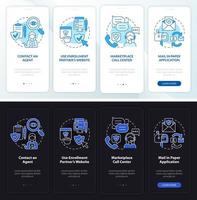 Applying for insurance night and day mode onboarding mobile app screen. walkthrough 4 steps graphic instructions pages with linear concepts. UI, UX, GUI template. vector