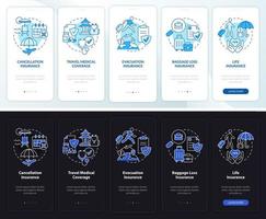 Travel insurance types night and day mode onboarding mobile app screen. Walkthrough 5 steps graphic instructions pages with linear concepts. UI, UX, GUI template. vector