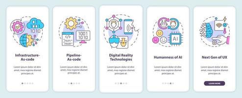 tendencias macro tecnológicas que incorporan la pantalla de la aplicación móvil. tutorial de sistemas digitales páginas de instrucciones gráficas de 5 pasos con conceptos lineales. interfaz de usuario, ux, plantilla de interfaz gráfica de usuario. vector