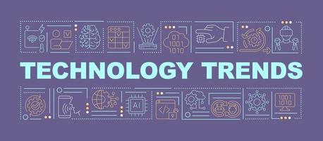 Current trends in technology word concepts purple banner. Digital industry. Infographics with icons on color background. Isolated typography. Vector illustration with text.