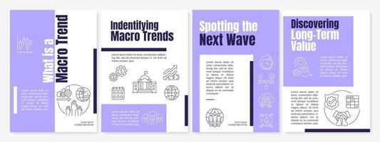 Global macro trends purple brochure template. Innovations tendencies. Leaflet design with linear icons. 4 vector layouts for presentation, annual reports.