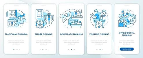 Land-use planning schemes blue onboarding mobile app screen. Walkthrough 5 steps graphic instructions pages with linear concepts. UI, UX, GUI template.